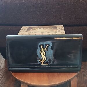 YSL/Saint Laurent Black Patent Leather Clutch Gold Logo Holt Renfrew SOLD AS IS!